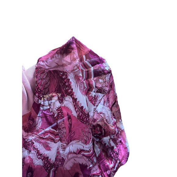 Lucky Brand Womens Peasant Boho Sheer Top Sz S Feather Print Braided Neck - Picture 12 of 12